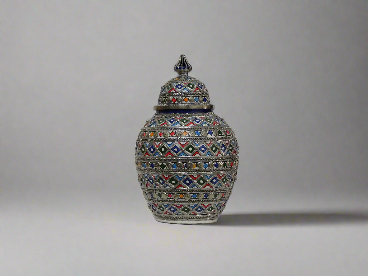 Beautifully Crafted Moroccan Ceramic Vase with Silver Inlays-Moroccan Inlaid Vase-Lidded Pottery Jar-Moorish Vase-Elegant Interior Decors