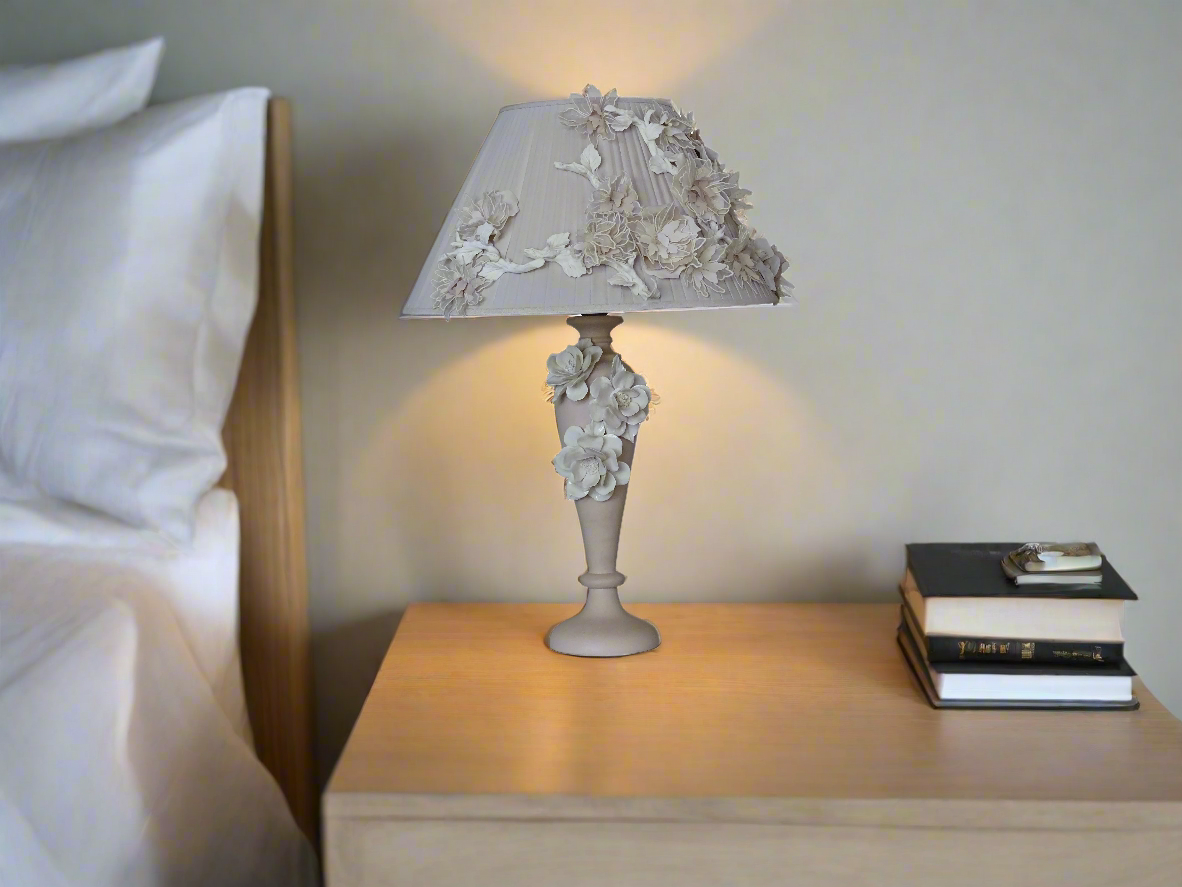 intage Porcelain Lamp with White Roses, White Floral Lamp, White Porcelain Table Lamp with Roses, White Ceramic Lamp with Flowers