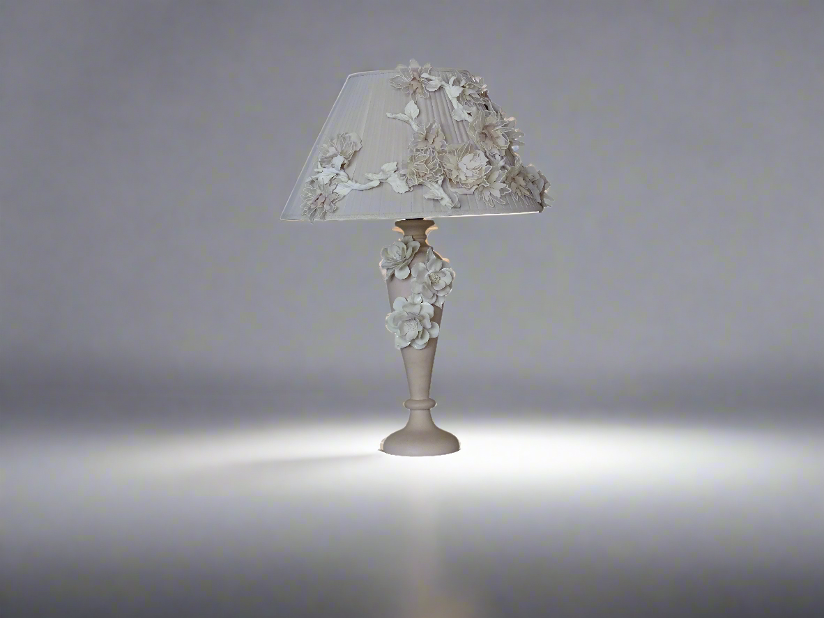 intage Porcelain Lamp with White Roses, White Floral Lamp, White Porcelain Table Lamp with Roses, White Ceramic Lamp with Flowers