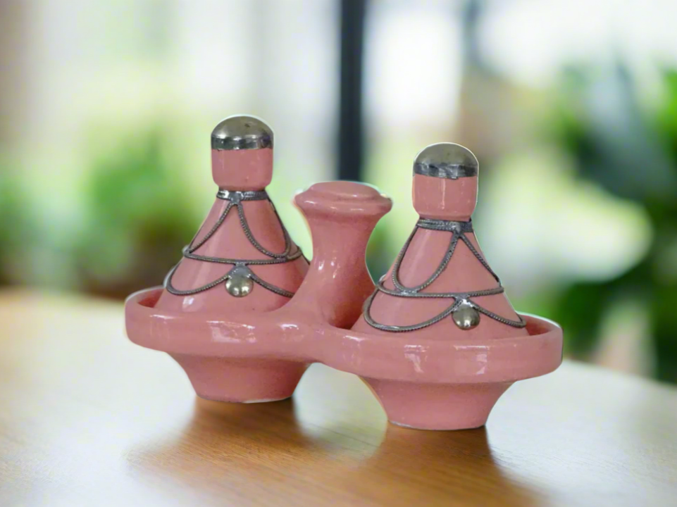 Hand Crafted Moroccan Pink painted Small Tagine Double Spice Holder