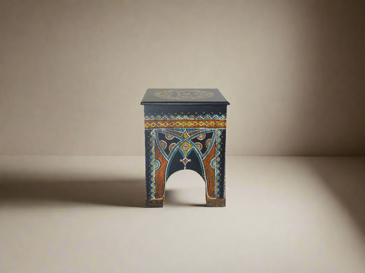 Moroccan wooden side table, hand painted, rectangle in shape, ideal for decoration or as an Arabic bedside table.