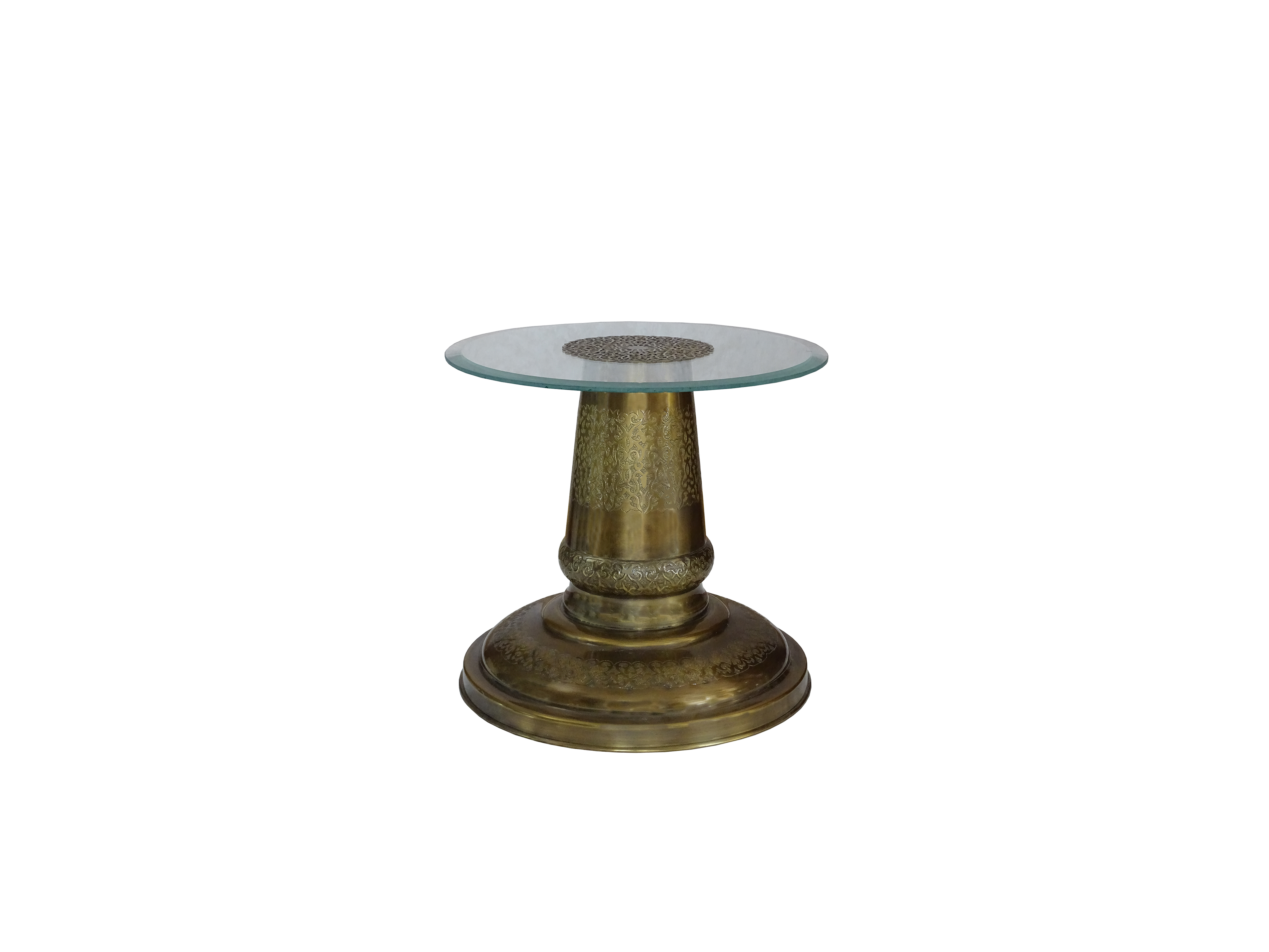 Unique Vintage Brass Chinese Inverted Vase Glass Accent Table