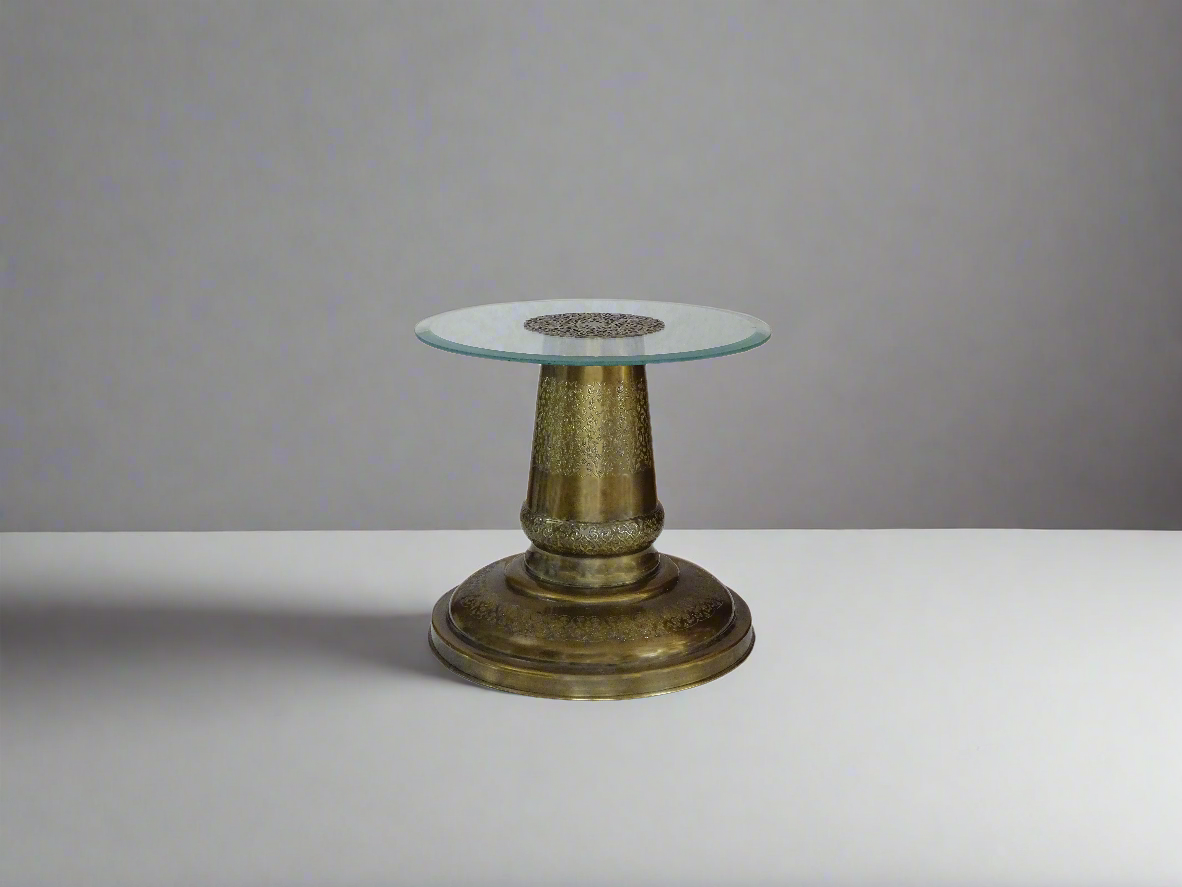 Unique Vintage Brass Chinese Inverted Vase Glass Accent Table
