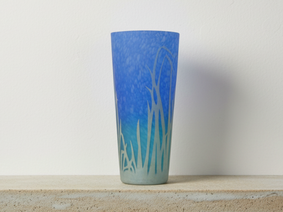 Blue glass vase with grass-like design  - zora store llc
