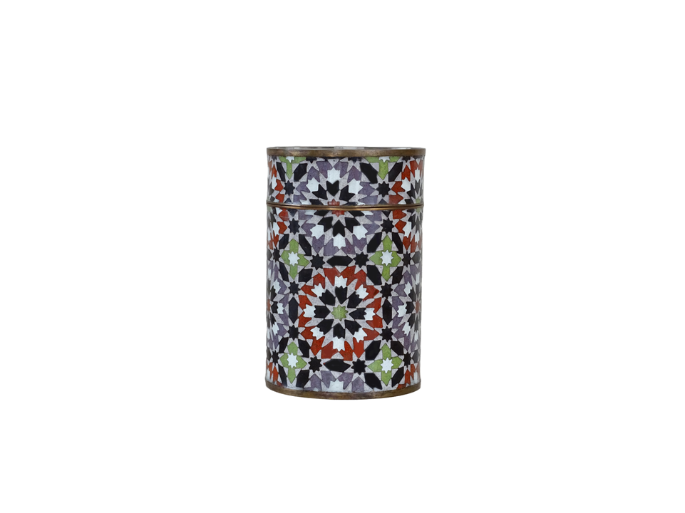 Decorative cylindrical metal container with a colorful geometric pattern - zora store llc