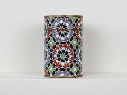 Decorative cylindrical metal container with a colorful geometric pattern - zora store llc