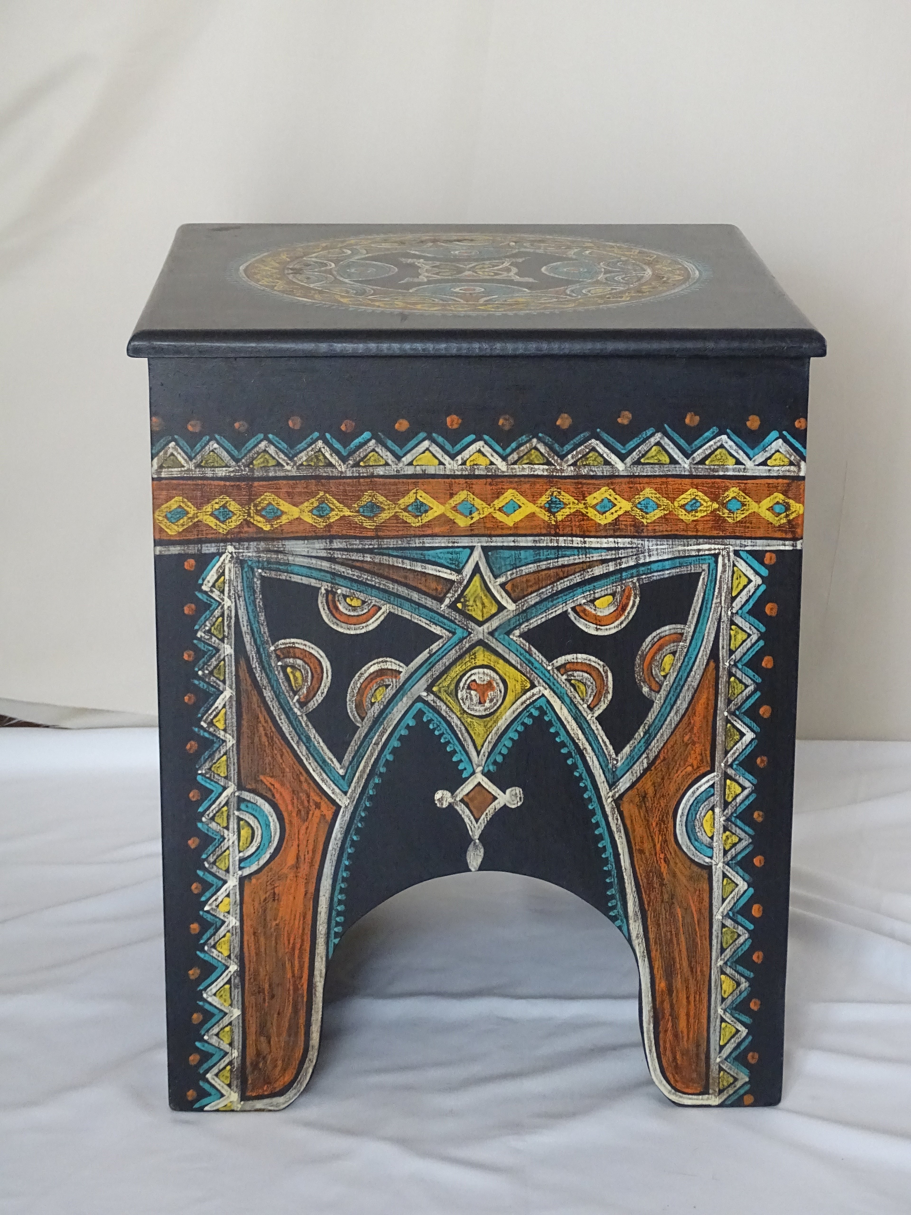 Moroccan wooden side table, hand painted, rectangle in shape, ideal for decoration or as an Arabic bedside table.