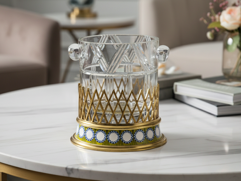 Decorative glass ice bucket with gold and blue base - zora store llc