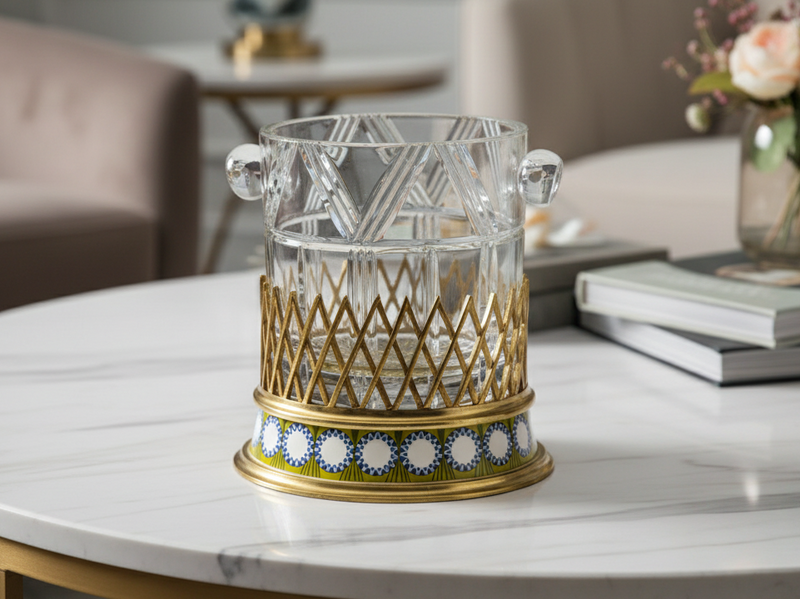 Decorative glass ice bucket with gold and blue base - zora store llc