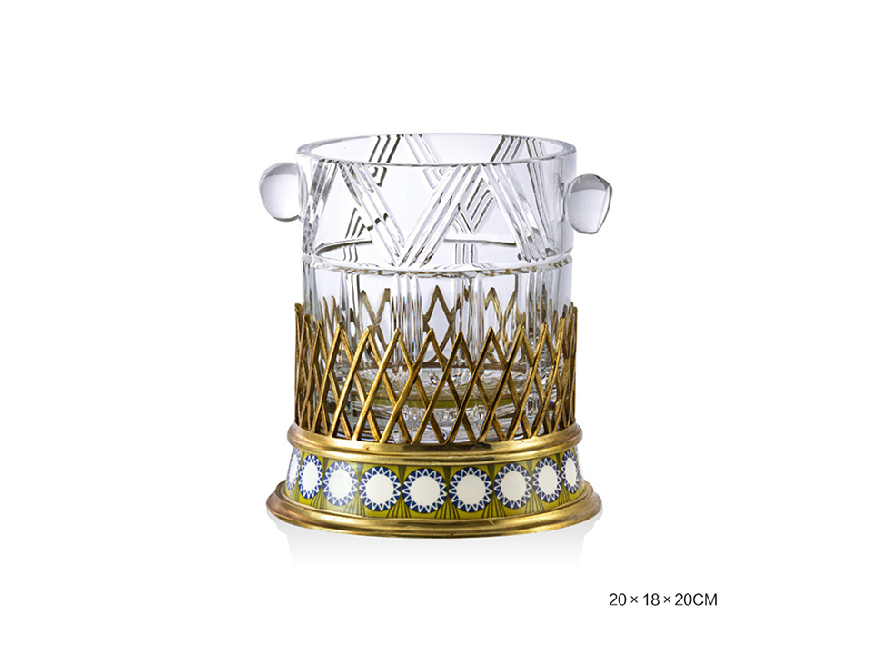 Decorative glass ice bucket with gold and blue base - zora store llc