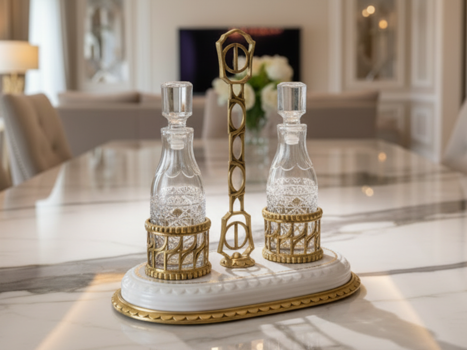 Decorative crystal and brass cruet set with gold accents - zora store llc