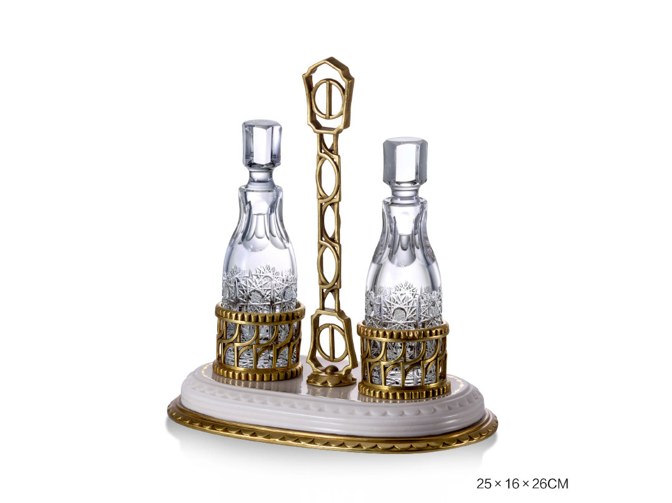 Decorative crystal and brass cruet set with gold accents - zora store llc