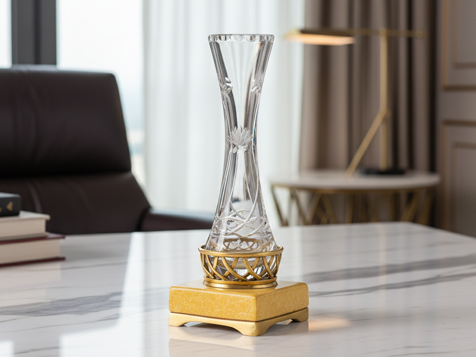 Clear glass vase with golden metal & marble  base - zora store llc