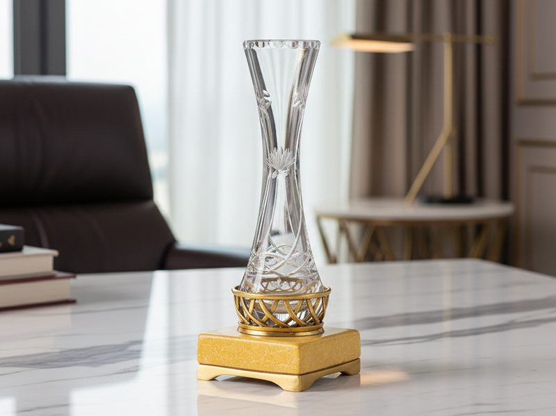 Clear glass vase with golden metal & marble  base - zora store llc