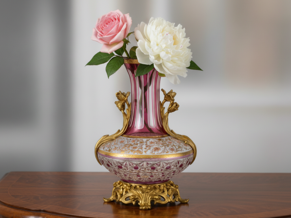 Decorative vase with gold accents and pink glass - zora store llc