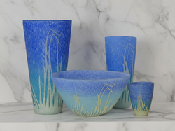 Set of blue glassware with grass-like patterns - zora store llc