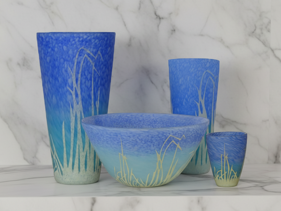 Set of blue glassware with grass-like patterns - zora store llc