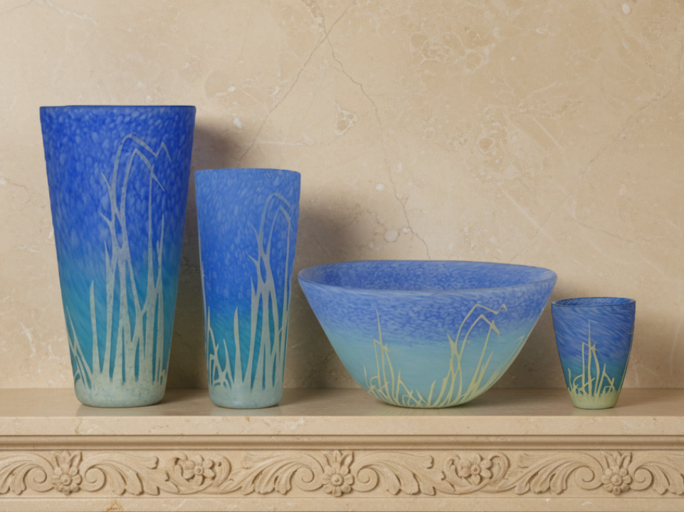 Set of four blue glass vases with grass-like - zora store llc