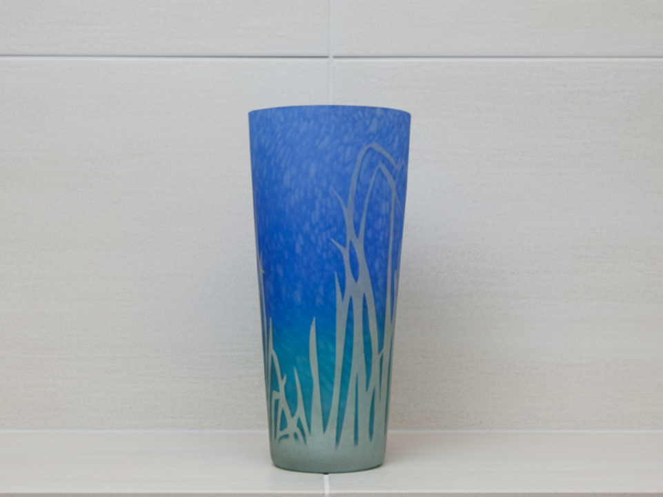Blue glass vase with grass-like design - zora store llc