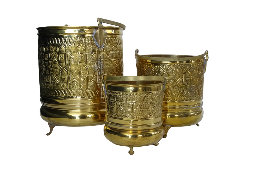 Three ornate gold metal containers with intricate designs - zora store llc
