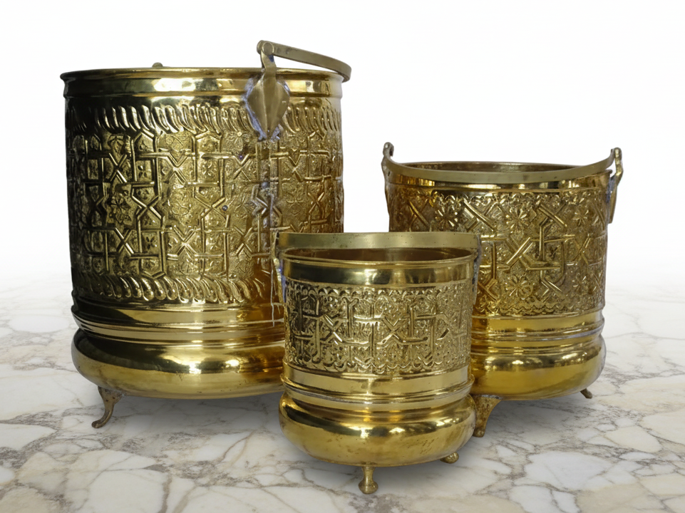 Three ornate brass buckets with intricate - zora store llc