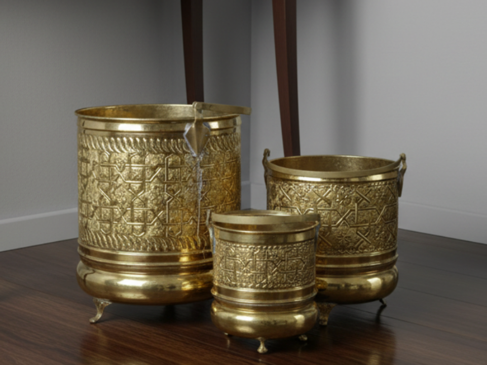 Three ornate brass buckets with intricate - zora store llc