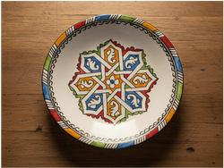 Round handmade ceramic plate with a colorful geometric design - zora store llc
