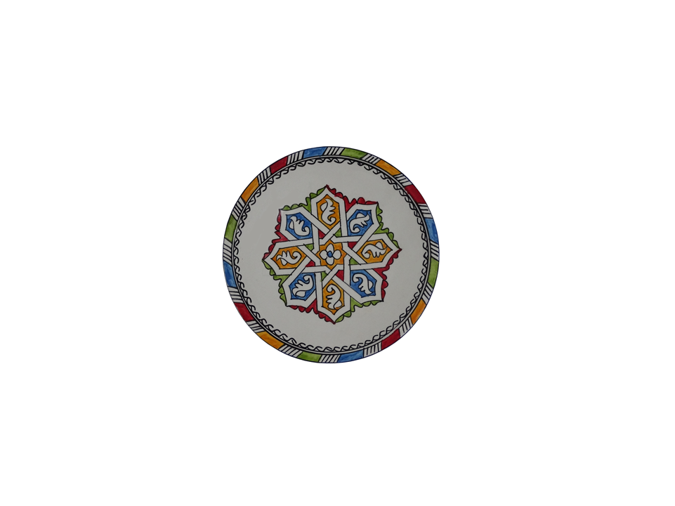 Round handmade ceramic plate with a colorful geometric design - zora store llc