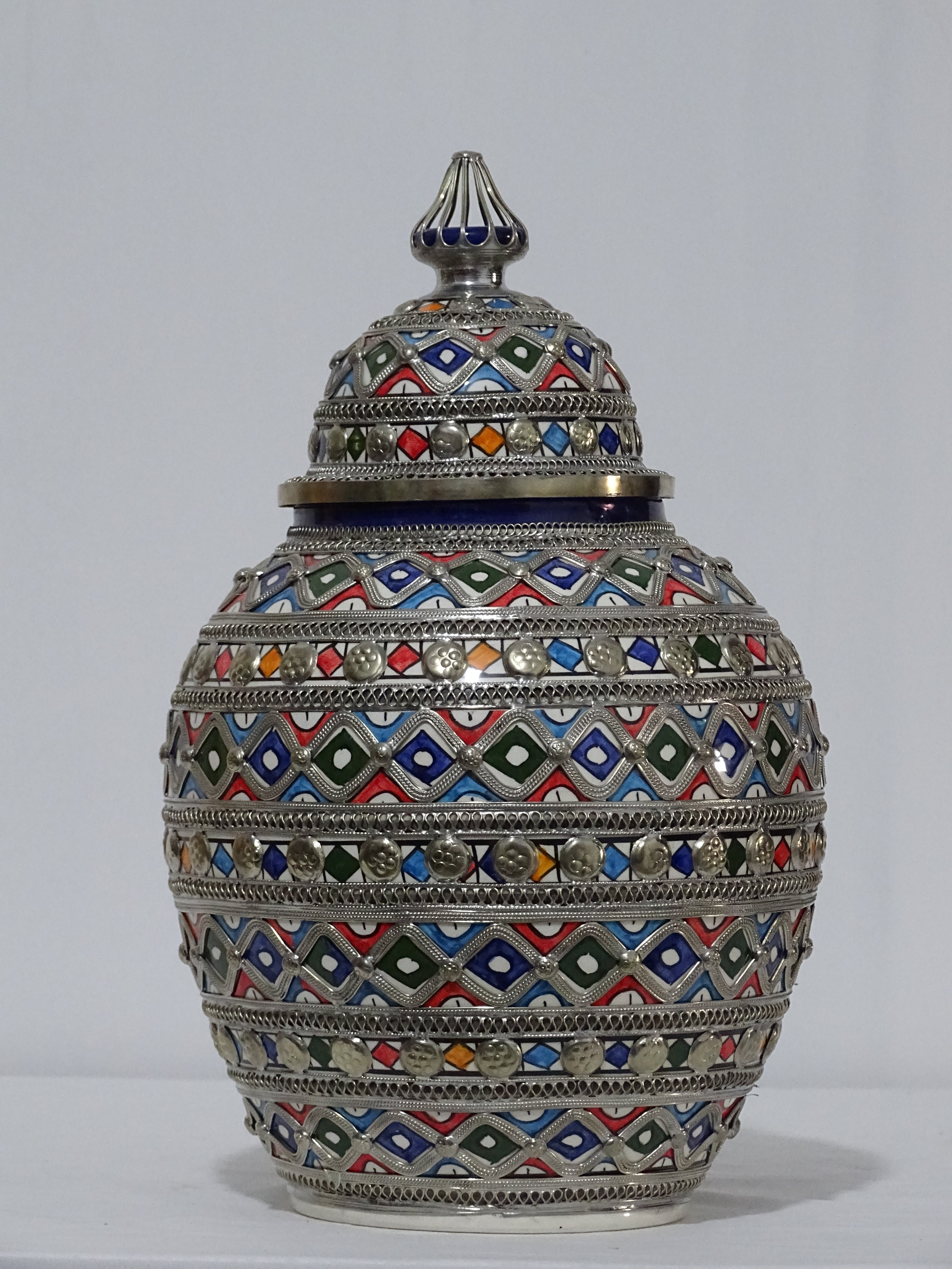 Beautifully Crafted Moroccan Ceramic Vase with Silver Inlays-Moroccan Inlaid Vase-Lidded Pottery Jar-Moorish Vase-Elegant Interior Decors