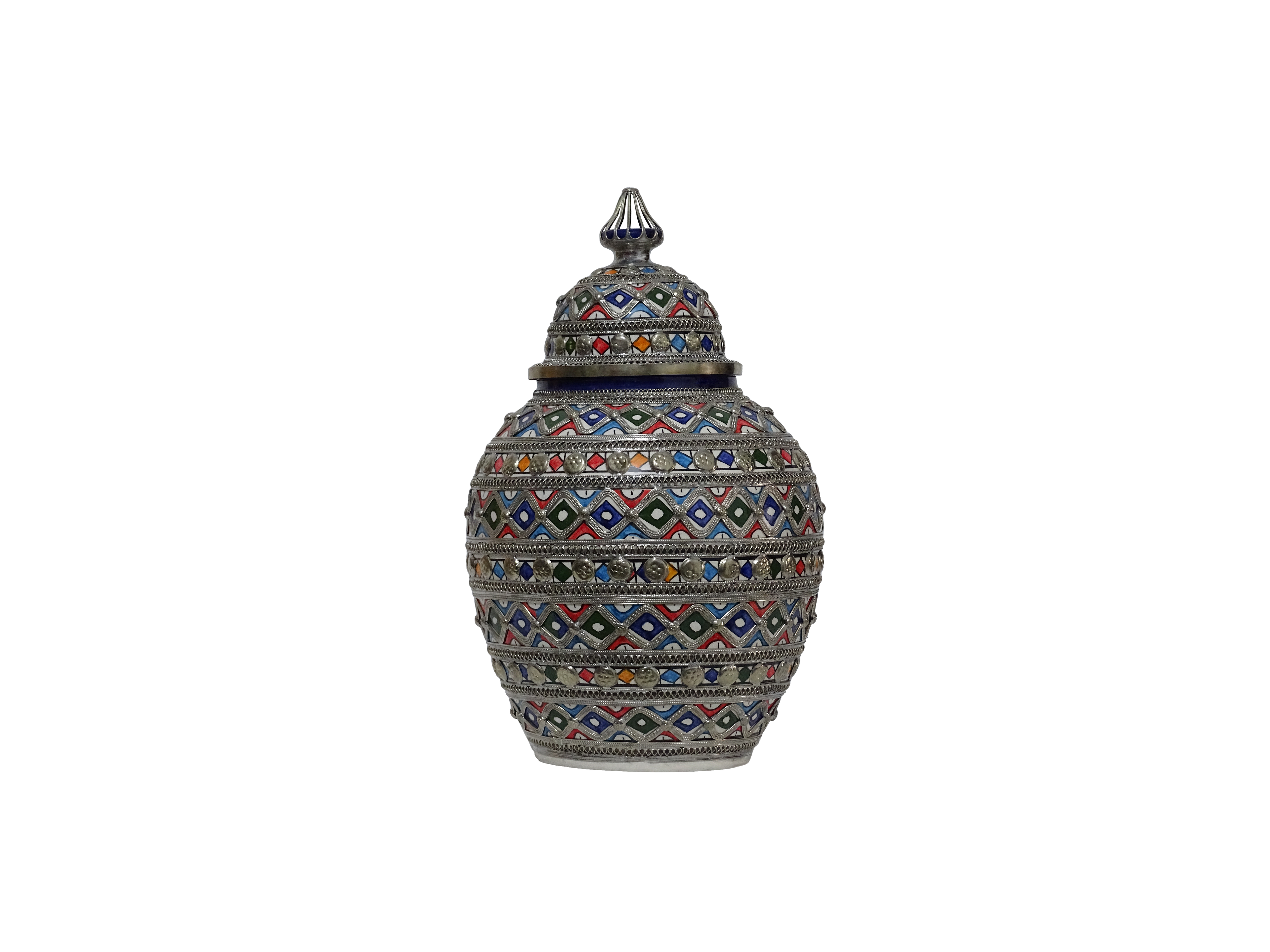 Beautifully Crafted Moroccan Ceramic Vase with Silver Inlays-Moroccan Inlaid Vase-Lidded Pottery Jar-Moorish Vase-Elegant Interior Decors