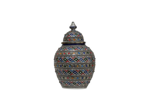 Beautifully Crafted Moroccan Ceramic Vase with Silver Inlays-Moroccan Inlaid Vase-Lidded Pottery Jar-Moorish Vase-Elegant Interior Decors