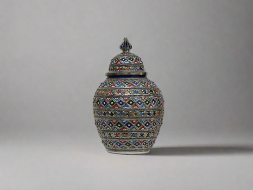 Beautifully Crafted Moroccan Ceramic Vase with Silver Inlays-Moroccan Inlaid Vase-Lidded Pottery Jar-Moorish Vase-Elegant Interior Decors