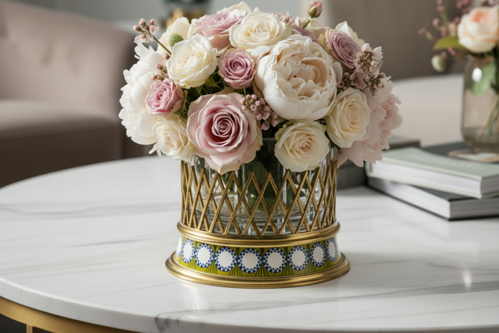 Decorative glass ice bucket with gold and blue base on a marble table
