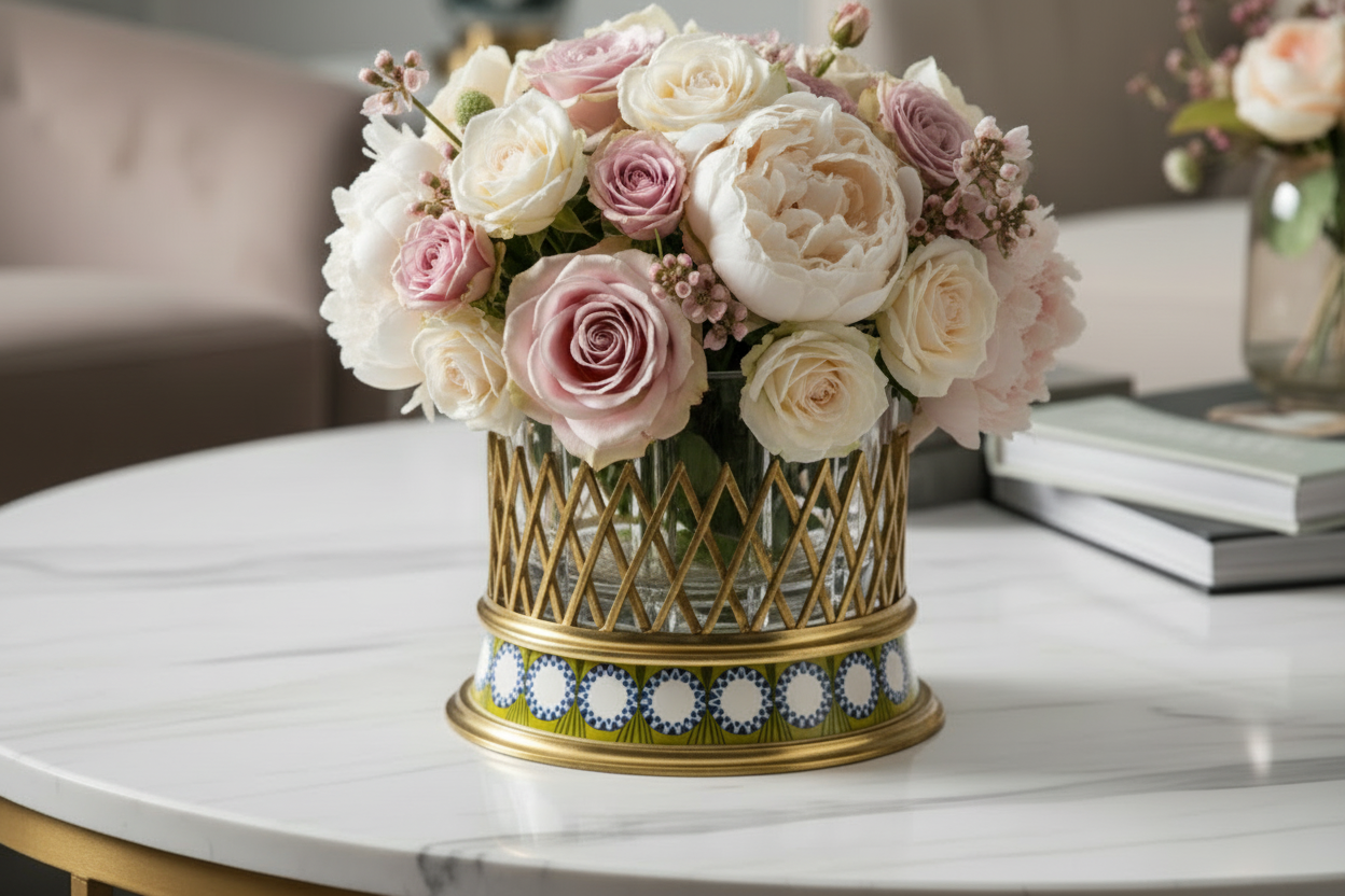 Decorative glass ice bucket with gold and blue base on a marble table
