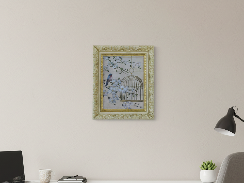 Decorative wall art with a birdcage and floral design in a gold frame on a white background - zora store llc