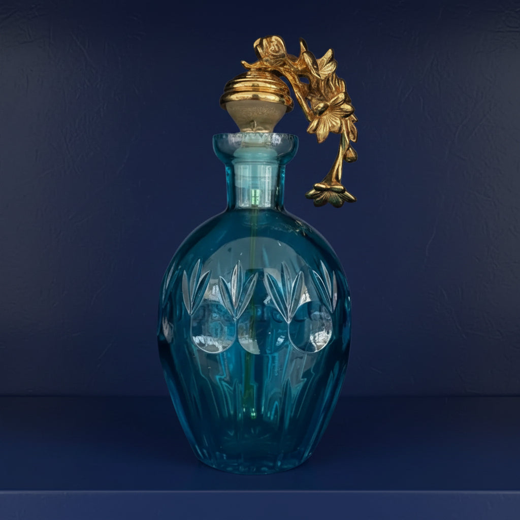 Blue crystal perfume bottle with a gold stopper - zora store llc
