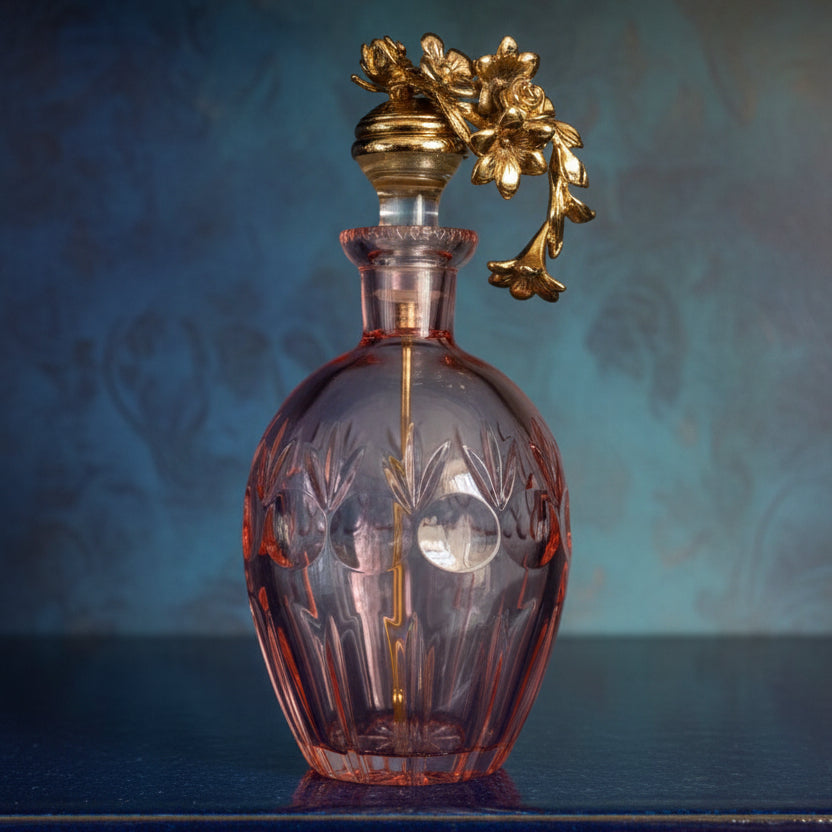 Pink Crystal perfume bottle with gold decorative top on a textured surface- zora store llc