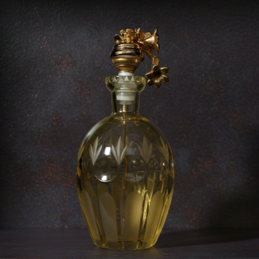 Decorative yellow perfume bottle with gold accents on a textured surface- zora store llc