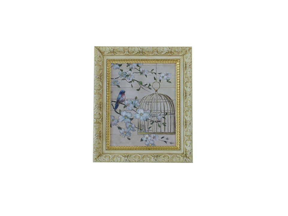 birdcage and floral design in a gold wooden frame - zora store llc