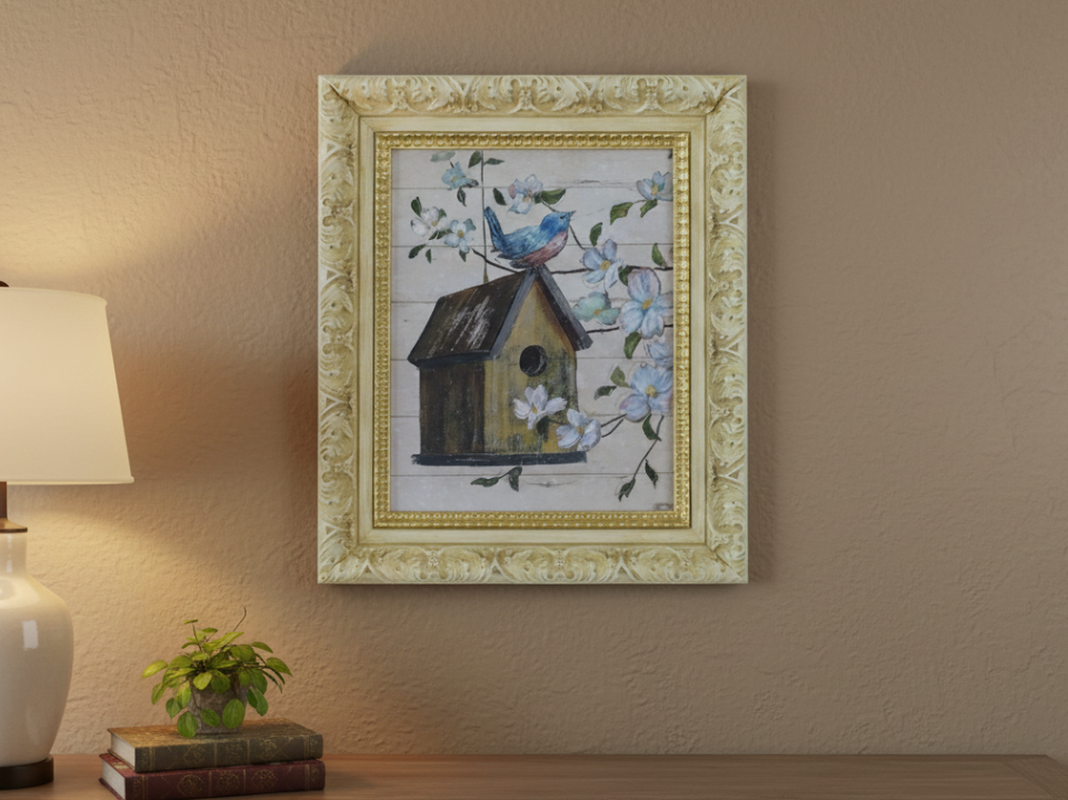 Bluebird & Birdhouse art for wall decor - zora store llc