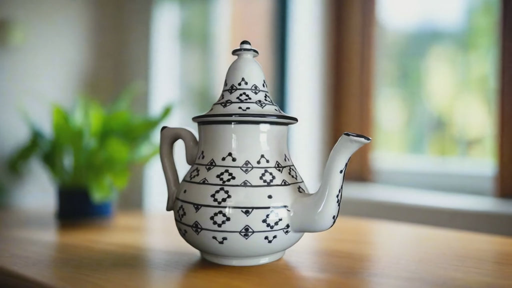إبريق شاي مغربي يدوي الصنع - سيراميك أبيض وأسود - للتقديم والديكور - متجر زورا ذ.م.م