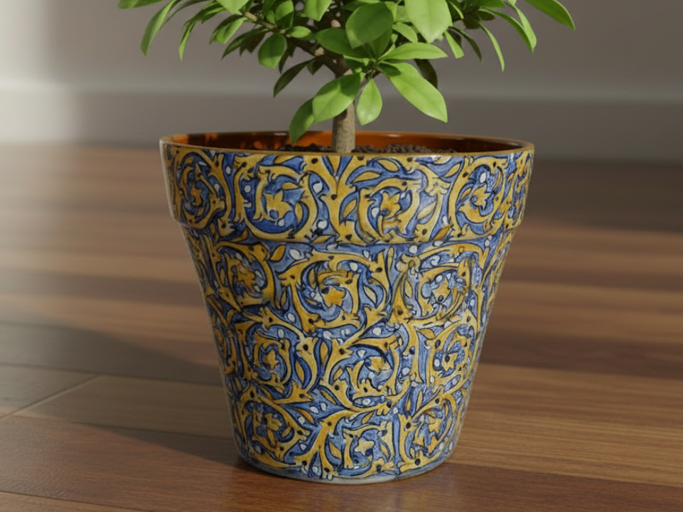 Decorative ceramic pot with blue and yellow patterns  -  zora store llc