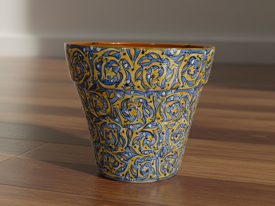 Decorative ceramic pot with blue and yellow patterns - zora store llc