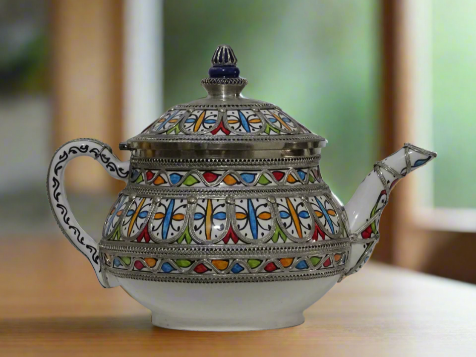 zora store llc - Hand-Painted Teapot with Silver Metalwork